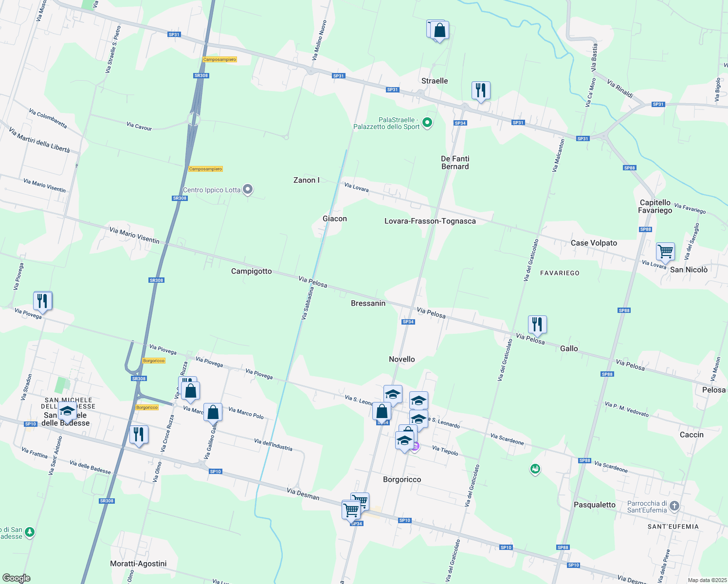 map of restaurants, bars, coffee shops, grocery stores, and more near 144 Via Pelosa in Bressanin