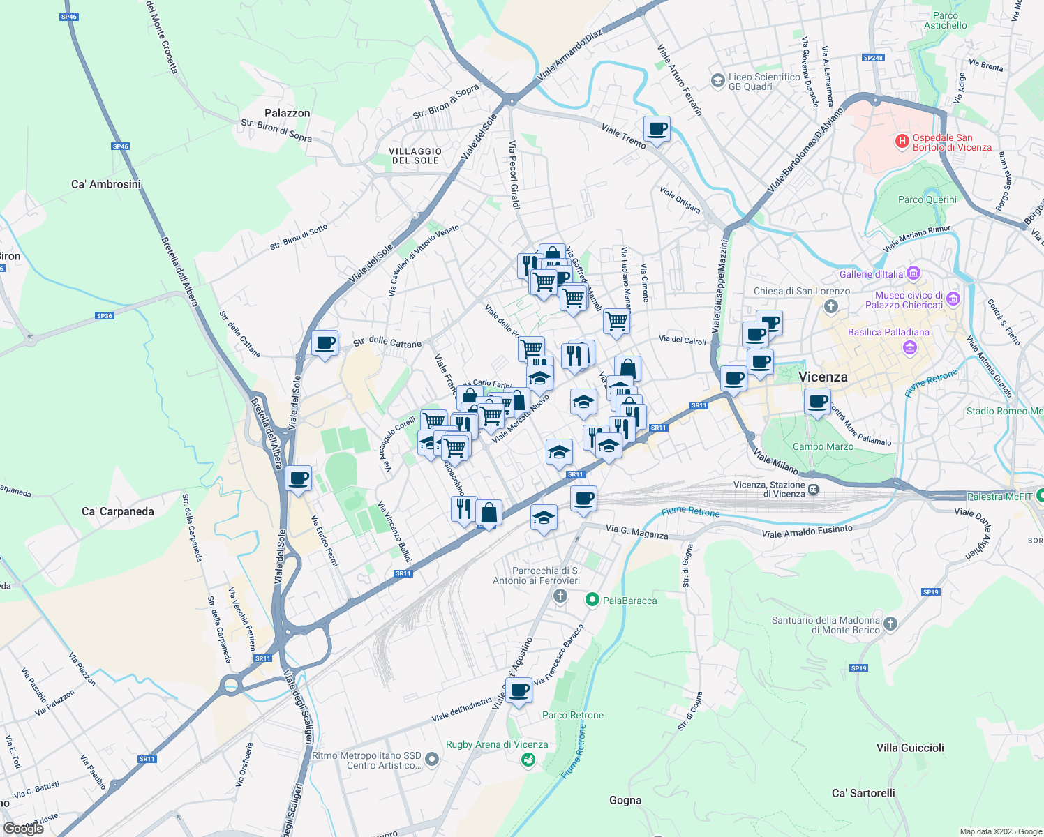 map of restaurants, bars, coffee shops, grocery stores, and more near 40 Via Mercato Nuovo in Vicenza