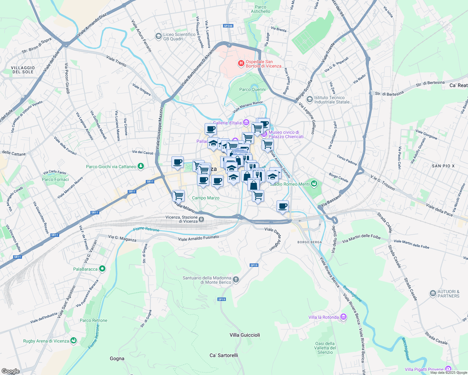 map of restaurants, bars, coffee shops, grocery stores, and more near Contrà delle Grazie in Vicenza