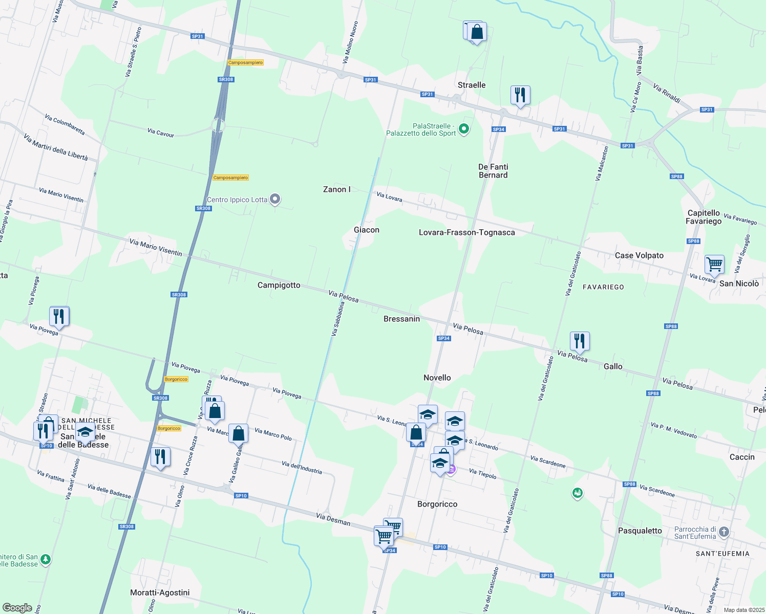 map of restaurants, bars, coffee shops, grocery stores, and more near 75 Via Pelosa in Bressanin