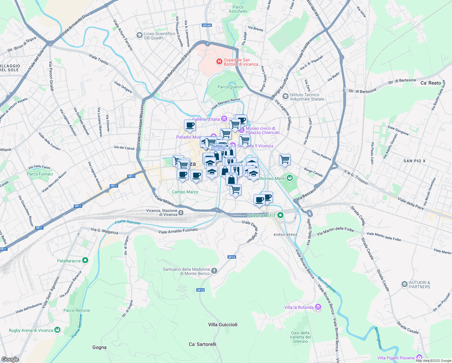 map of restaurants, bars, coffee shops, grocery stores, and more near Stradella San Giovanni in Vicenza