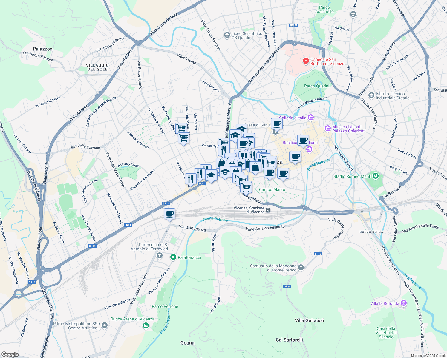 map of restaurants, bars, coffee shops, grocery stores, and more near 167 Corso Strada Statale Felice Fortunato in Vicenza