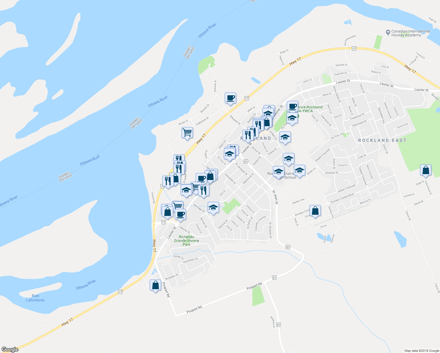 map of restaurants, bars, coffee shops, grocery stores, and more near 2539 Laurier Street in Clarence-Rockland