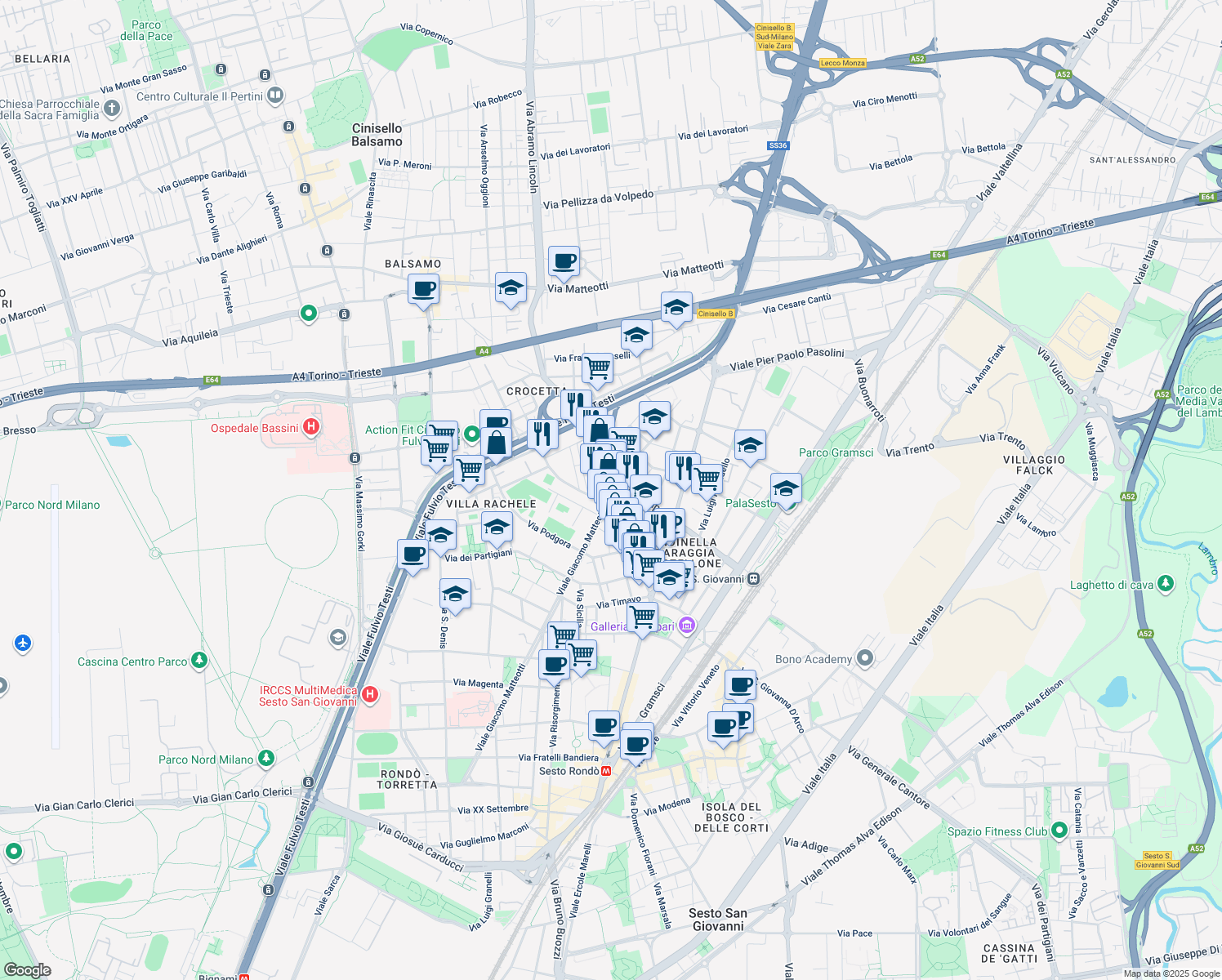 map of restaurants, bars, coffee shops, grocery stores, and more near 30 Via Vincenzo Monti in Sesto San Giovanni