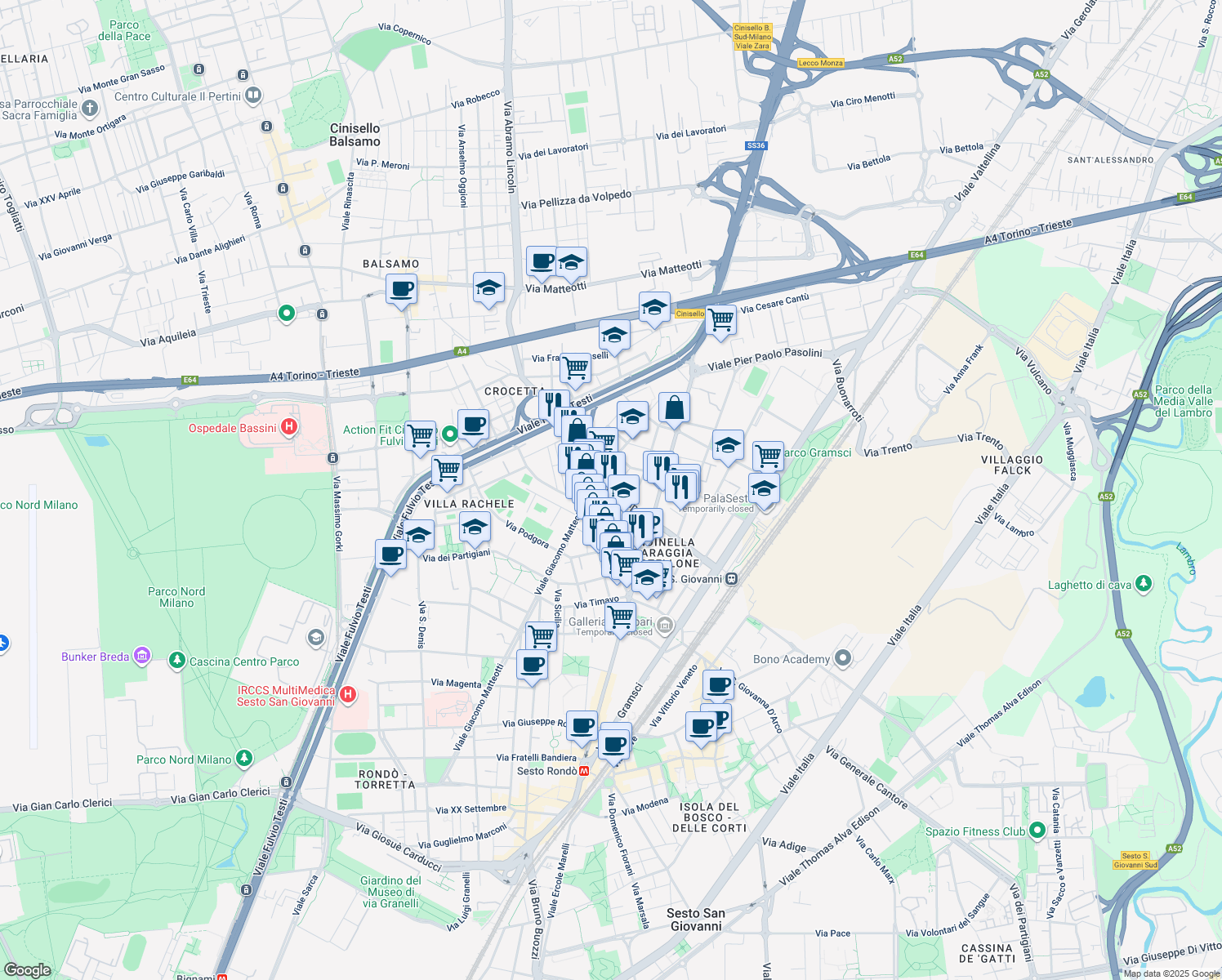 map of restaurants, bars, coffee shops, grocery stores, and more near 516 Viale Giacomo Matteotti in Sesto San Giovanni