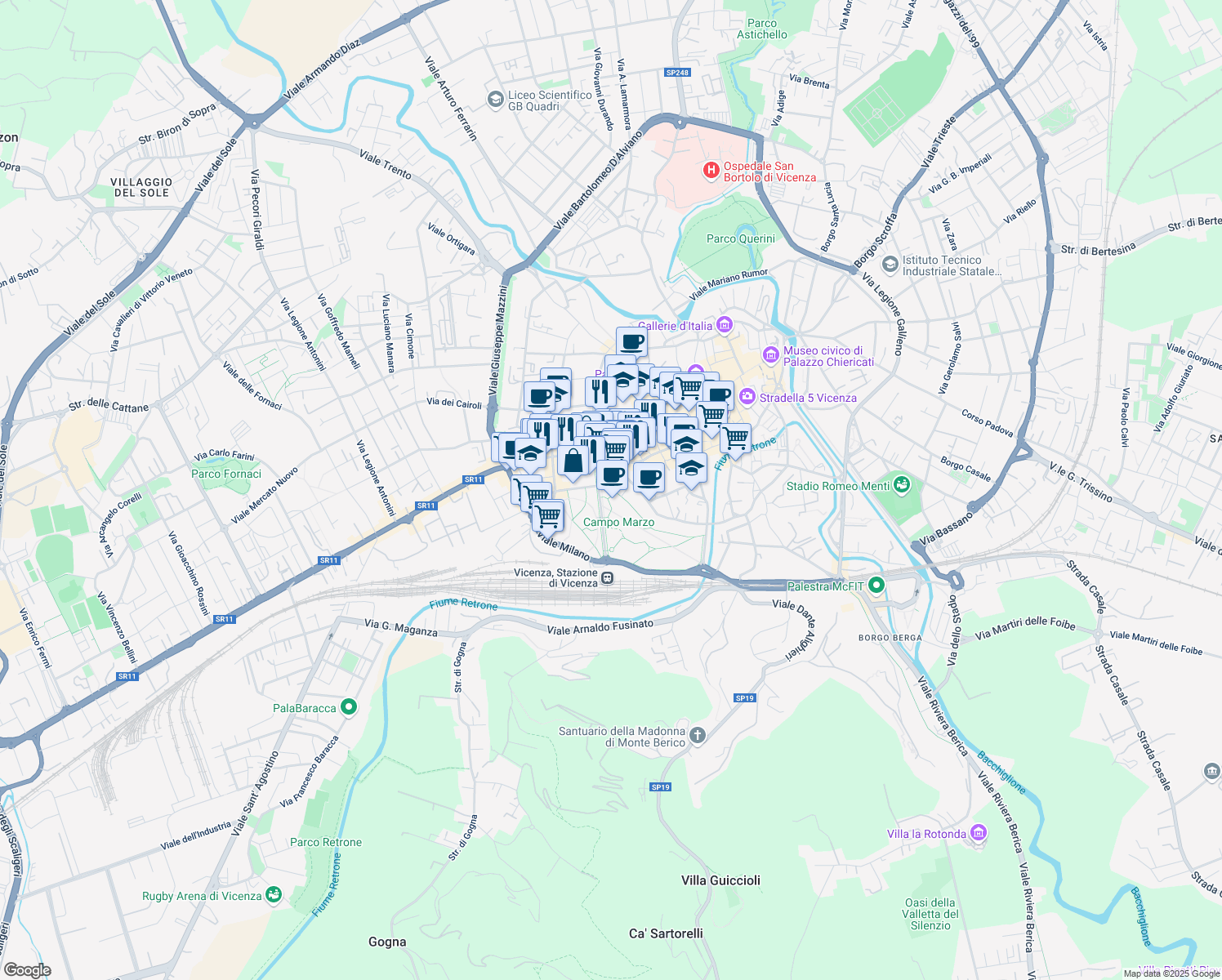 map of restaurants, bars, coffee shops, grocery stores, and more near 25 Viale Roma in Vicenza