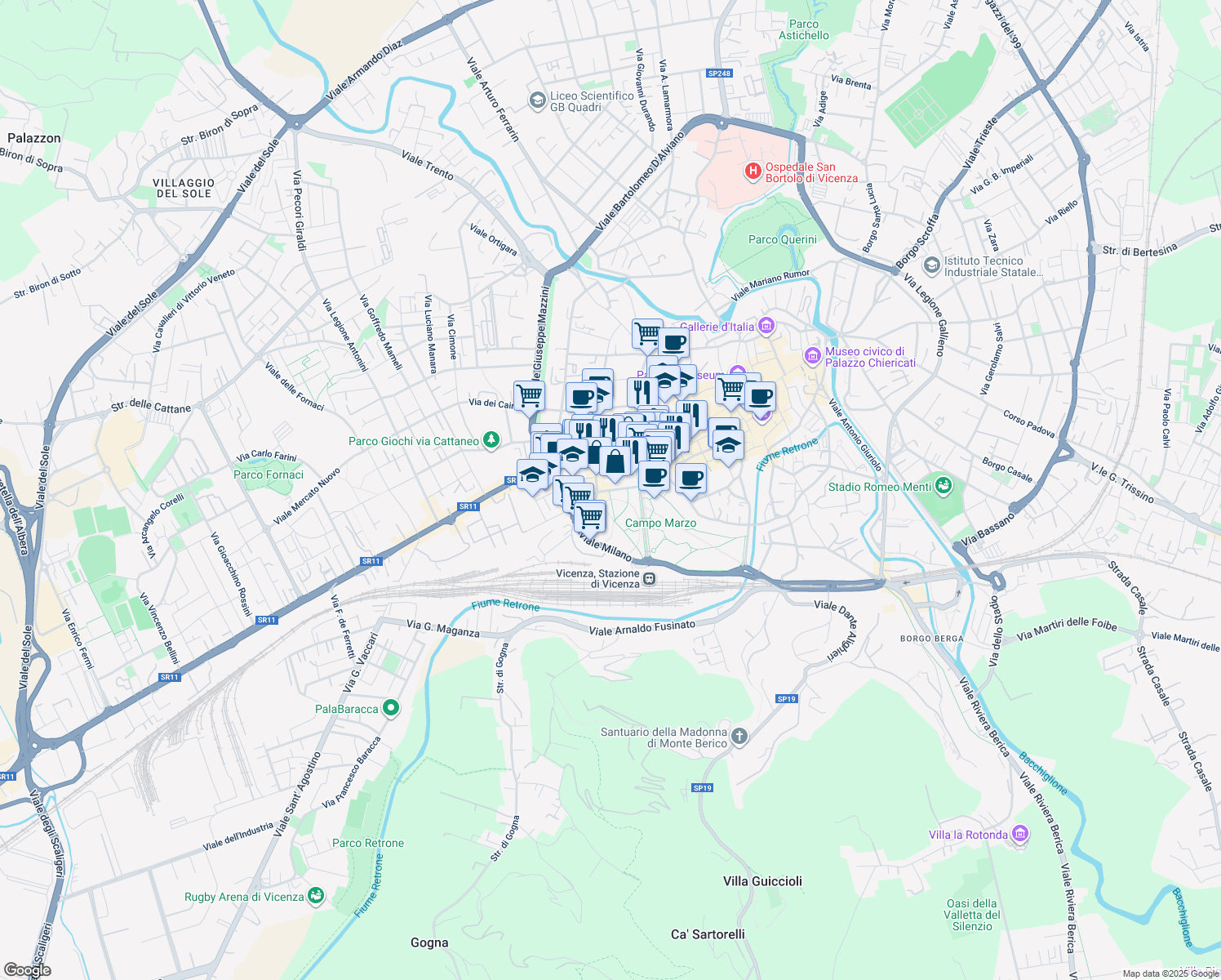 map of restaurants, bars, coffee shops, grocery stores, and more near 9 Viale Giuseppe Verdi in Vicenza
