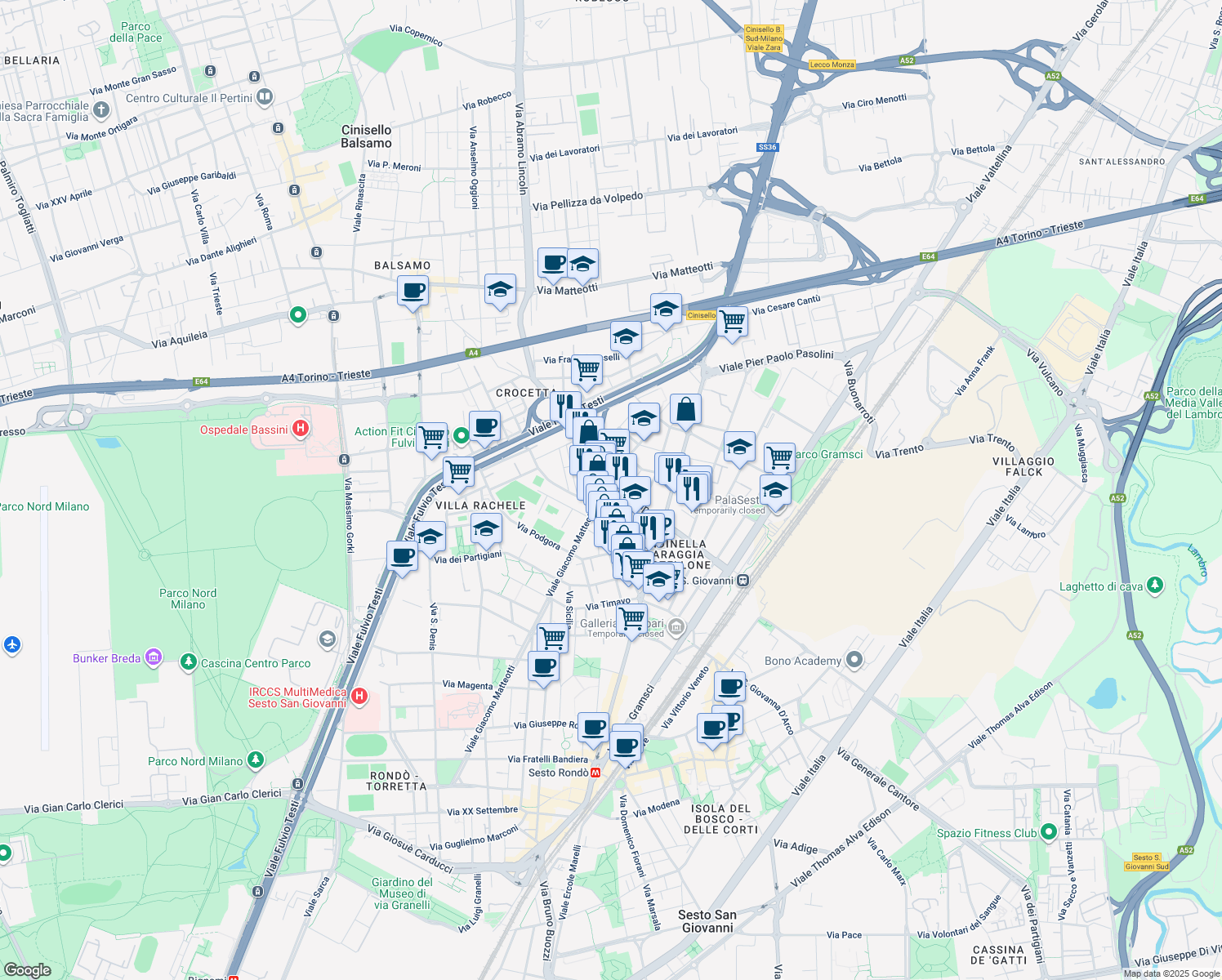 map of restaurants, bars, coffee shops, grocery stores, and more near 516 Viale Giacomo Matteotti in Sesto San Giovanni