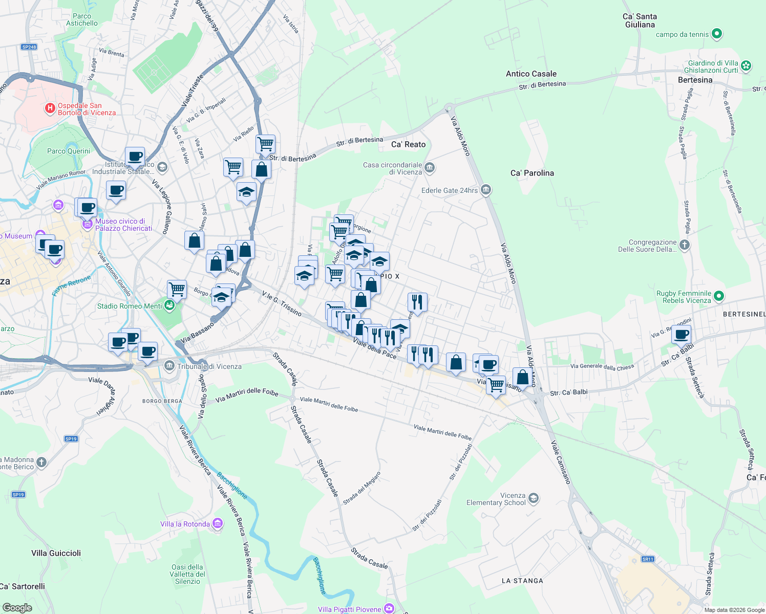 map of restaurants, bars, coffee shops, grocery stores, and more near 96 Via Arnaldo Tornieri in Vicenza