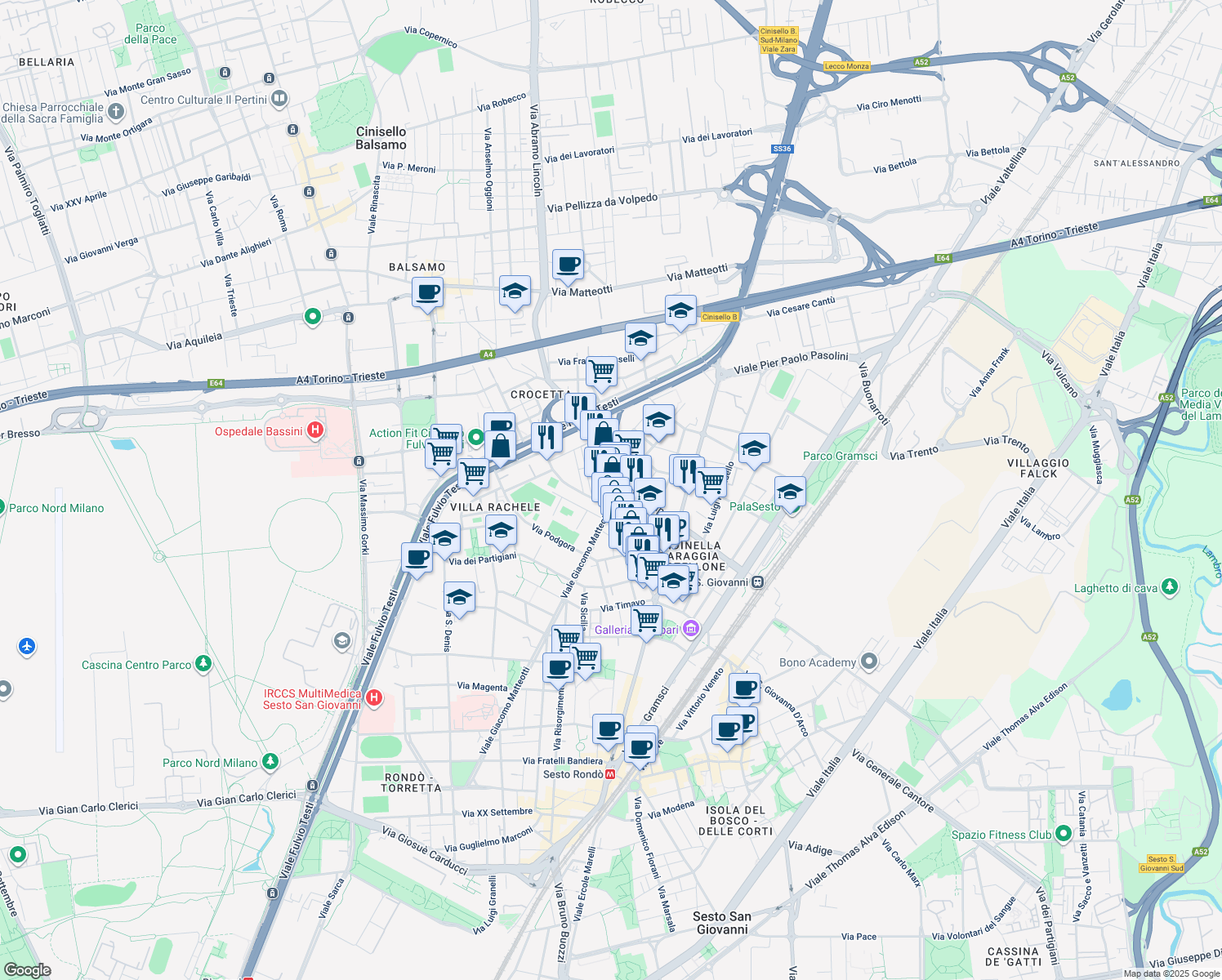 map of restaurants, bars, coffee shops, grocery stores, and more near 30 Via Vincenzo Monti in Sesto San Giovanni