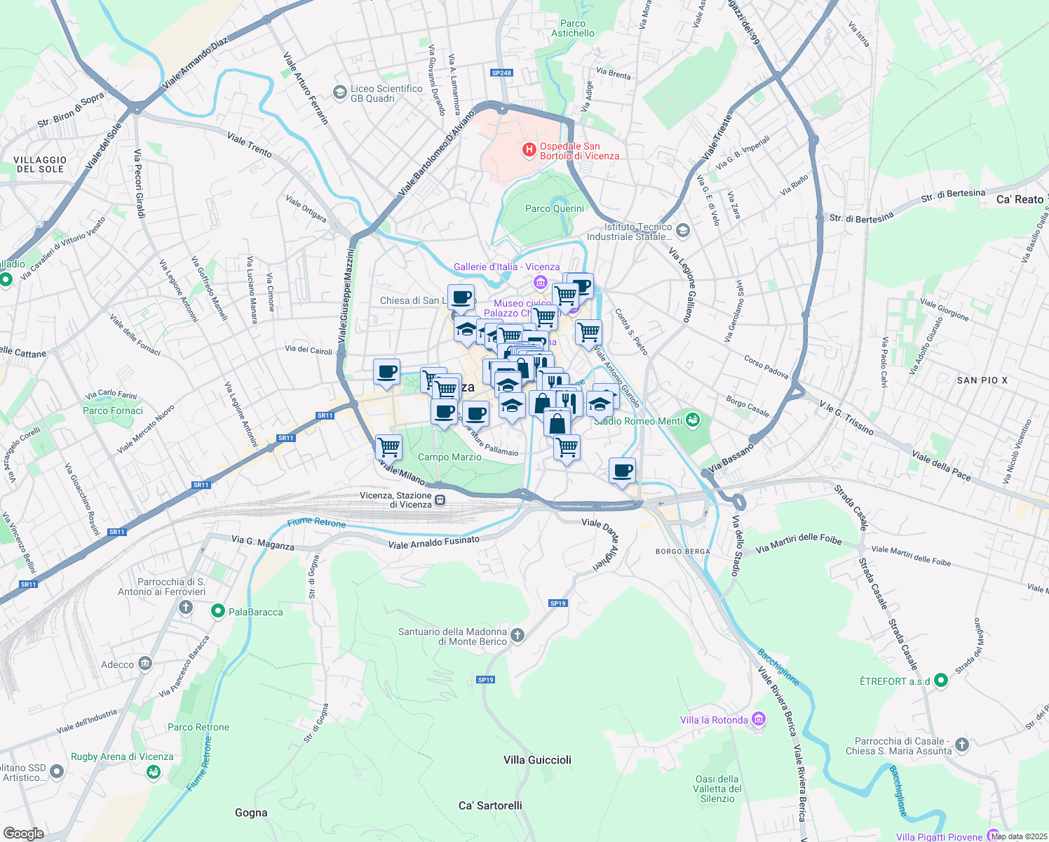 map of restaurants, bars, coffee shops, grocery stores, and more near Contrà delle Grazie in Vicenza