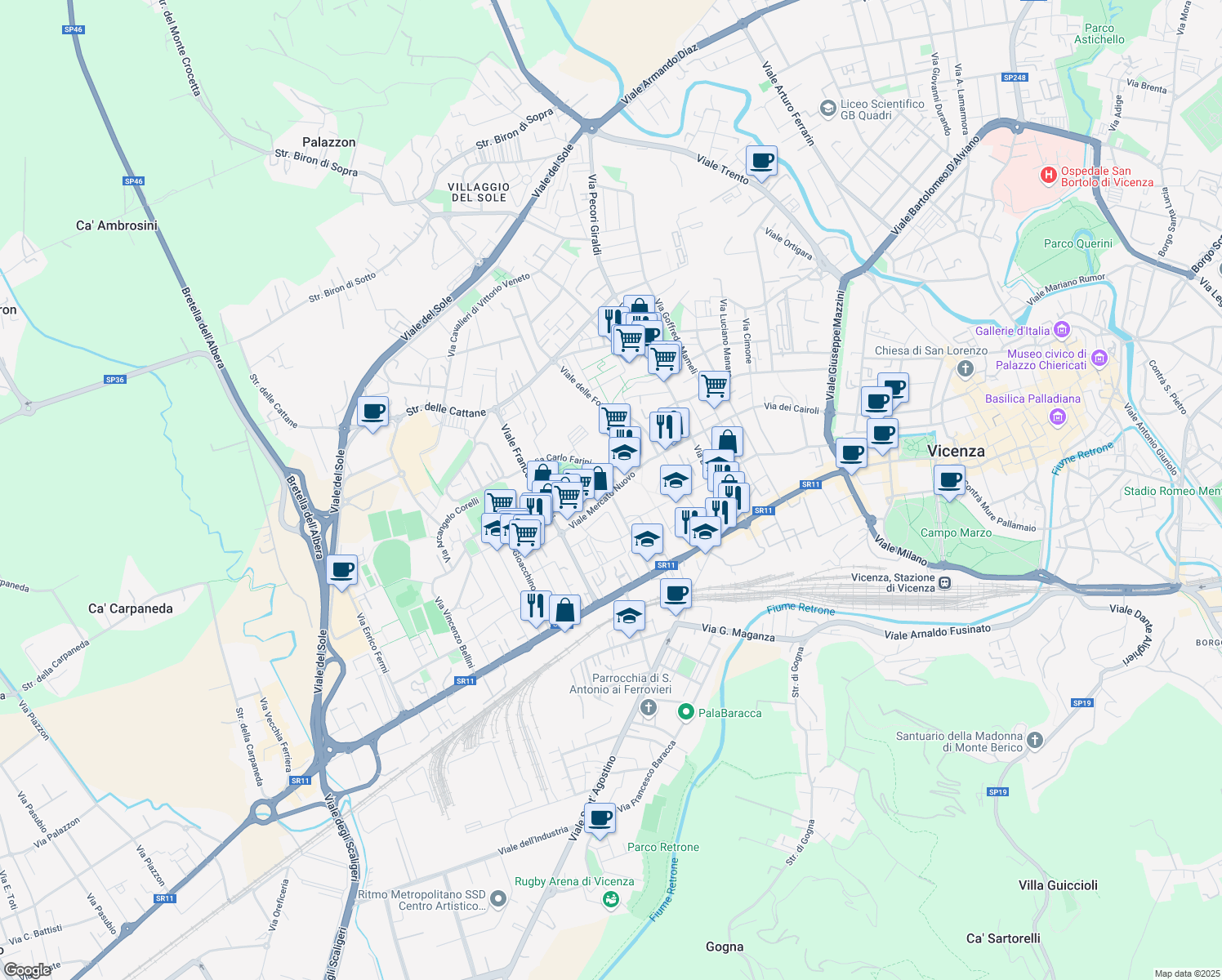 map of restaurants, bars, coffee shops, grocery stores, and more near 40 Viale Mercato Nuovo in Vicenza
