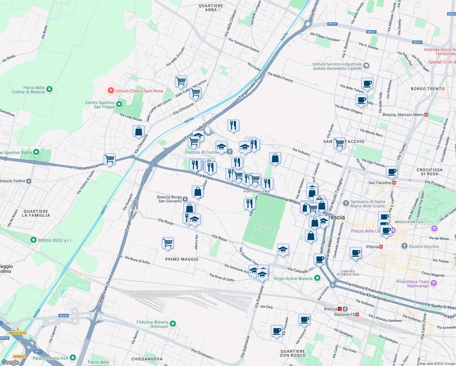 map of restaurants, bars, coffee shops, grocery stores, and more near 37 Via Milano in Brescia