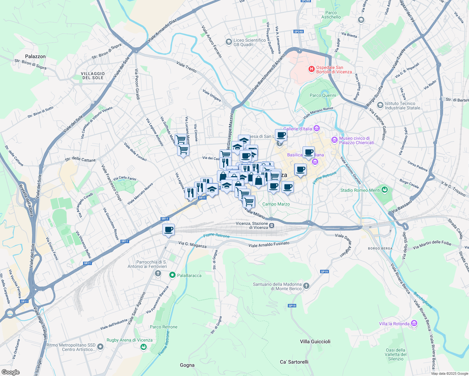 map of restaurants, bars, coffee shops, grocery stores, and more near 167 Corso Strada Statale Felice Fortunato in Vicenza