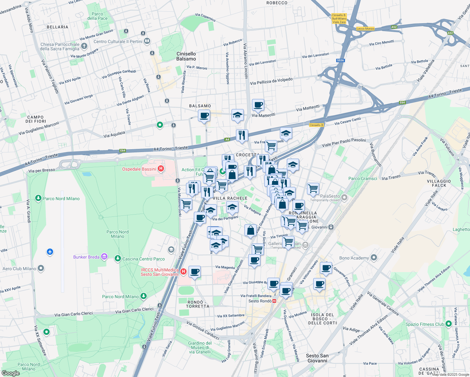 map of restaurants, bars, coffee shops, grocery stores, and more near 1 Via Monte Sabotino in Cinisello Balsamo