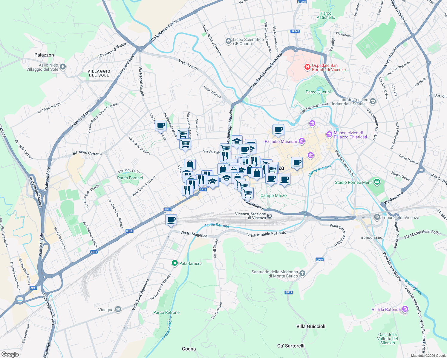 map of restaurants, bars, coffee shops, grocery stores, and more near 5 Via Torino in Provincia di Vicenza