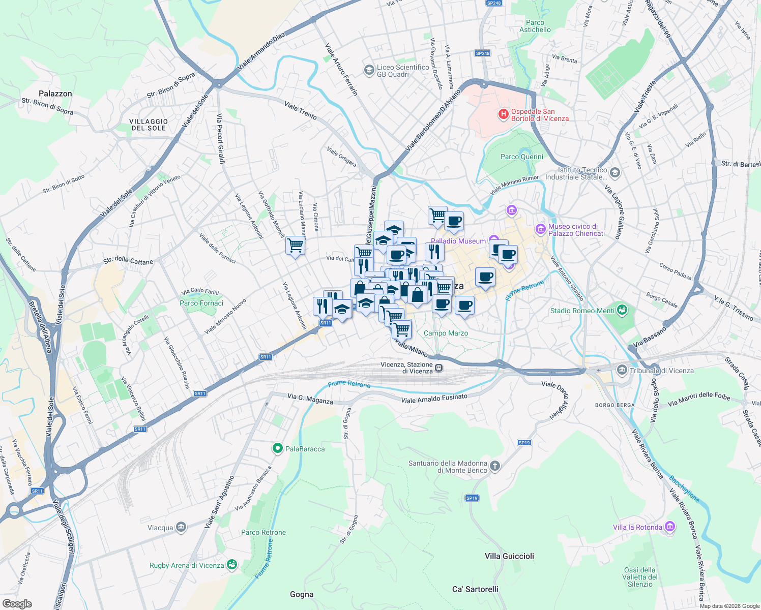 map of restaurants, bars, coffee shops, grocery stores, and more near 53 Viale Milano in Vicenza