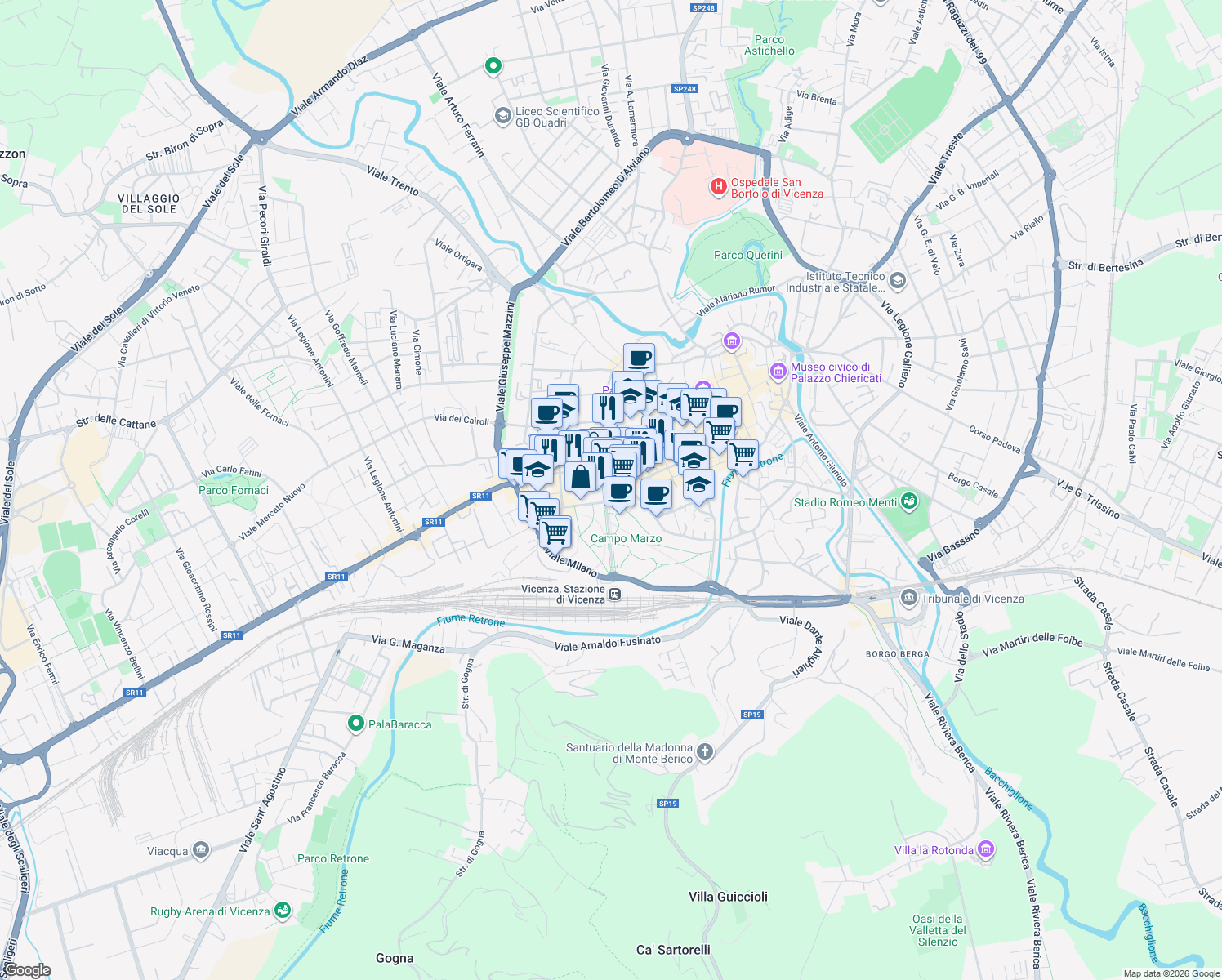 map of restaurants, bars, coffee shops, grocery stores, and more near 17 Viale Roma in Vicenza
