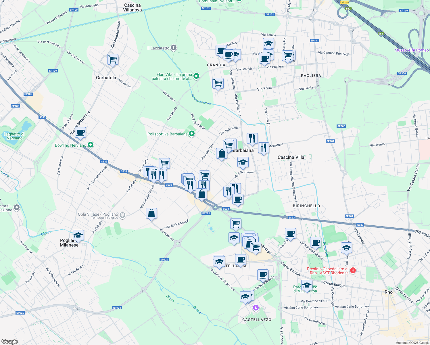 map of restaurants, bars, coffee shops, grocery stores, and more near Via Emilio Caldara in Lainate