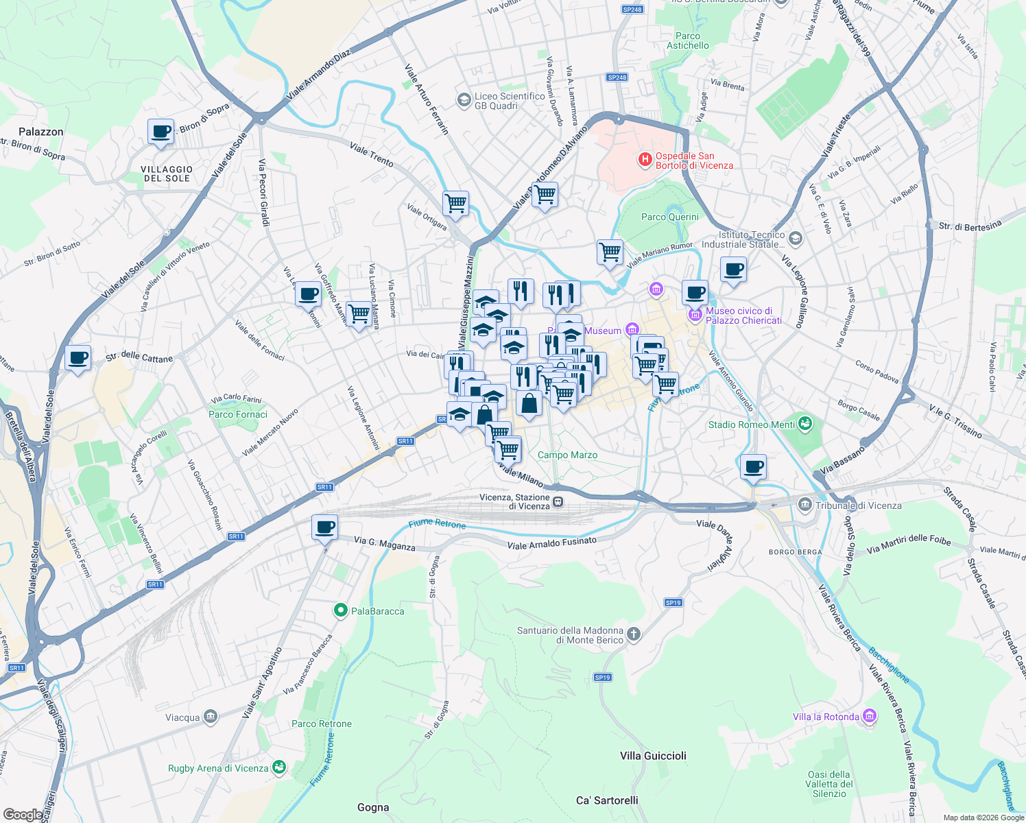map of restaurants, bars, coffee shops, grocery stores, and more near 61 Corso Strada Statale Felice E Fortunato in Vicenza