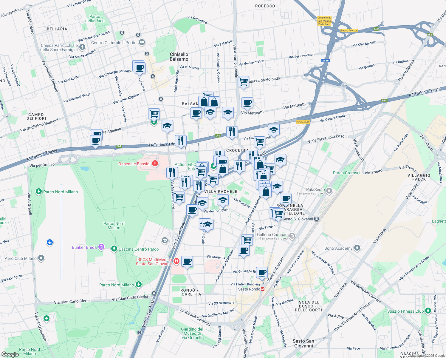 map of restaurants, bars, coffee shops, grocery stores, and more near 174 Viale Fulvio Testi in Cinisello Balsamo