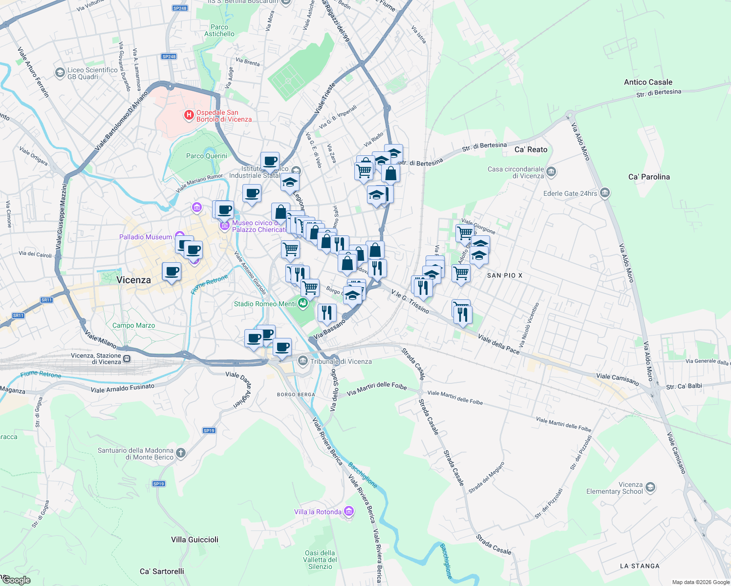 map of restaurants, bars, coffee shops, grocery stores, and more near 10 Via Spalato in Vicenza