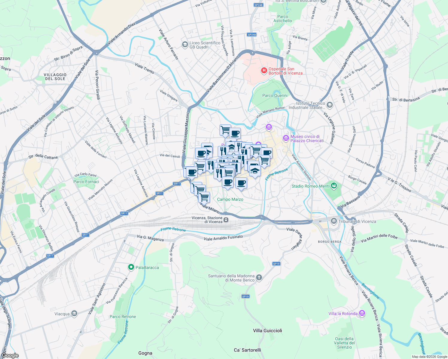 map of restaurants, bars, coffee shops, grocery stores, and more near in Vicenza