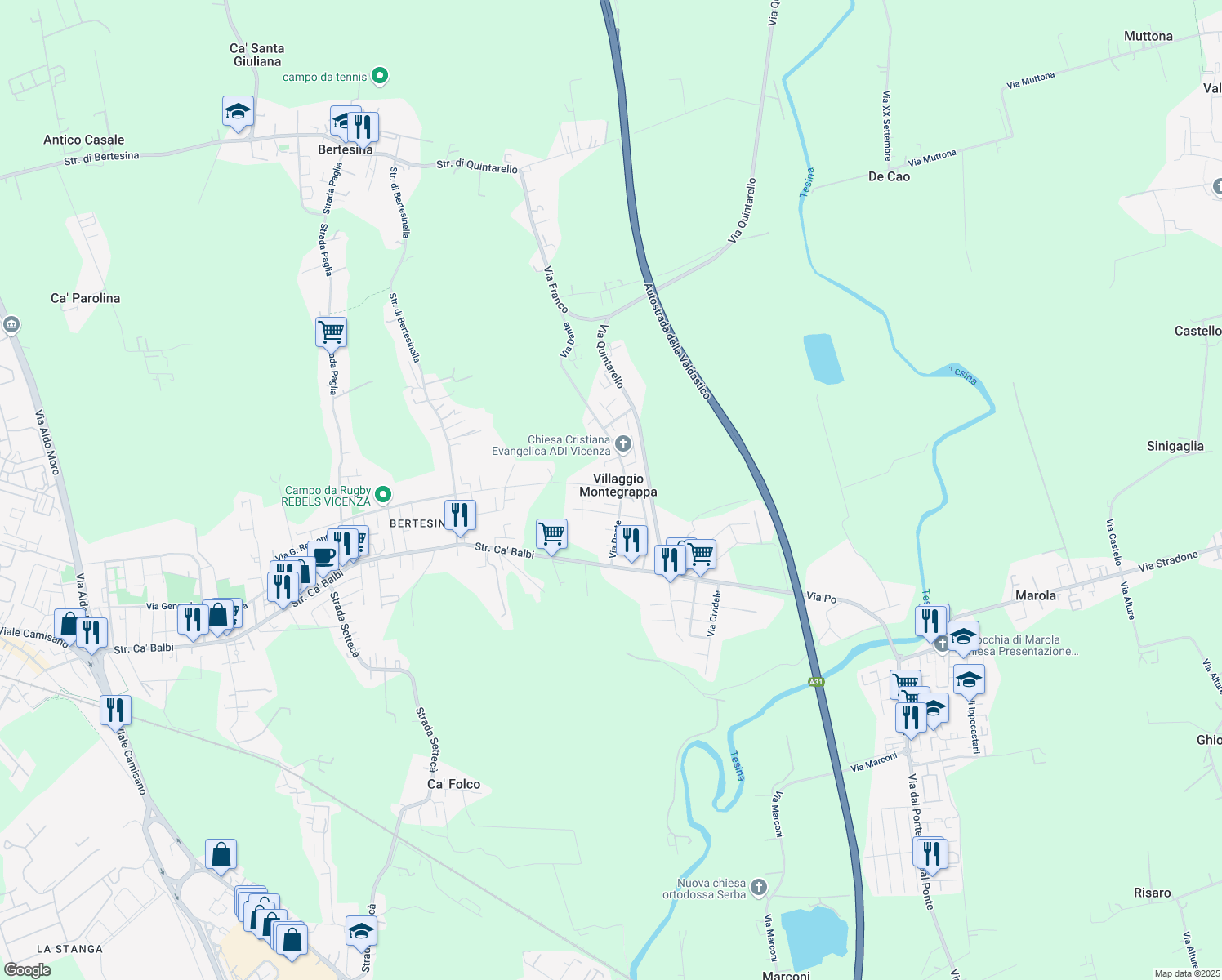 map of restaurants, bars, coffee shops, grocery stores, and more near in Villaggio Montegrappa