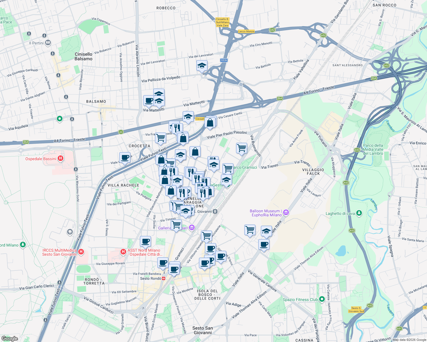 map of restaurants, bars, coffee shops, grocery stores, and more near 93 Via Vincenzo Bellini in Sesto San Giovanni