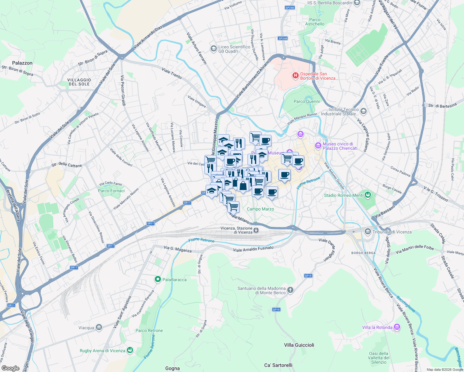 map of restaurants, bars, coffee shops, grocery stores, and more near 61 Corso SS. Felice e Fortunato in Vicenza