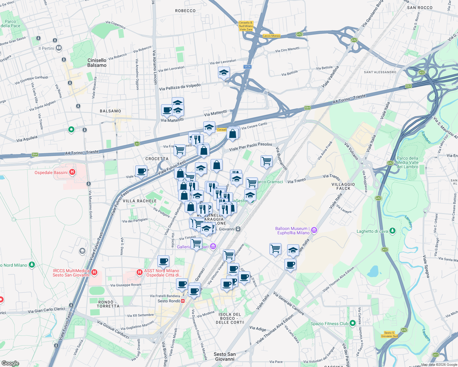 map of restaurants, bars, coffee shops, grocery stores, and more near 93 Via Vincenzo Bellini in Sesto San Giovanni