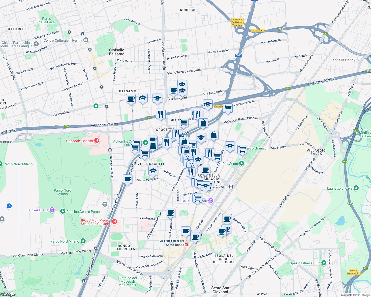 map of restaurants, bars, coffee shops, grocery stores, and more near 15 Via Silvio Pellico in Sesto San Giovanni