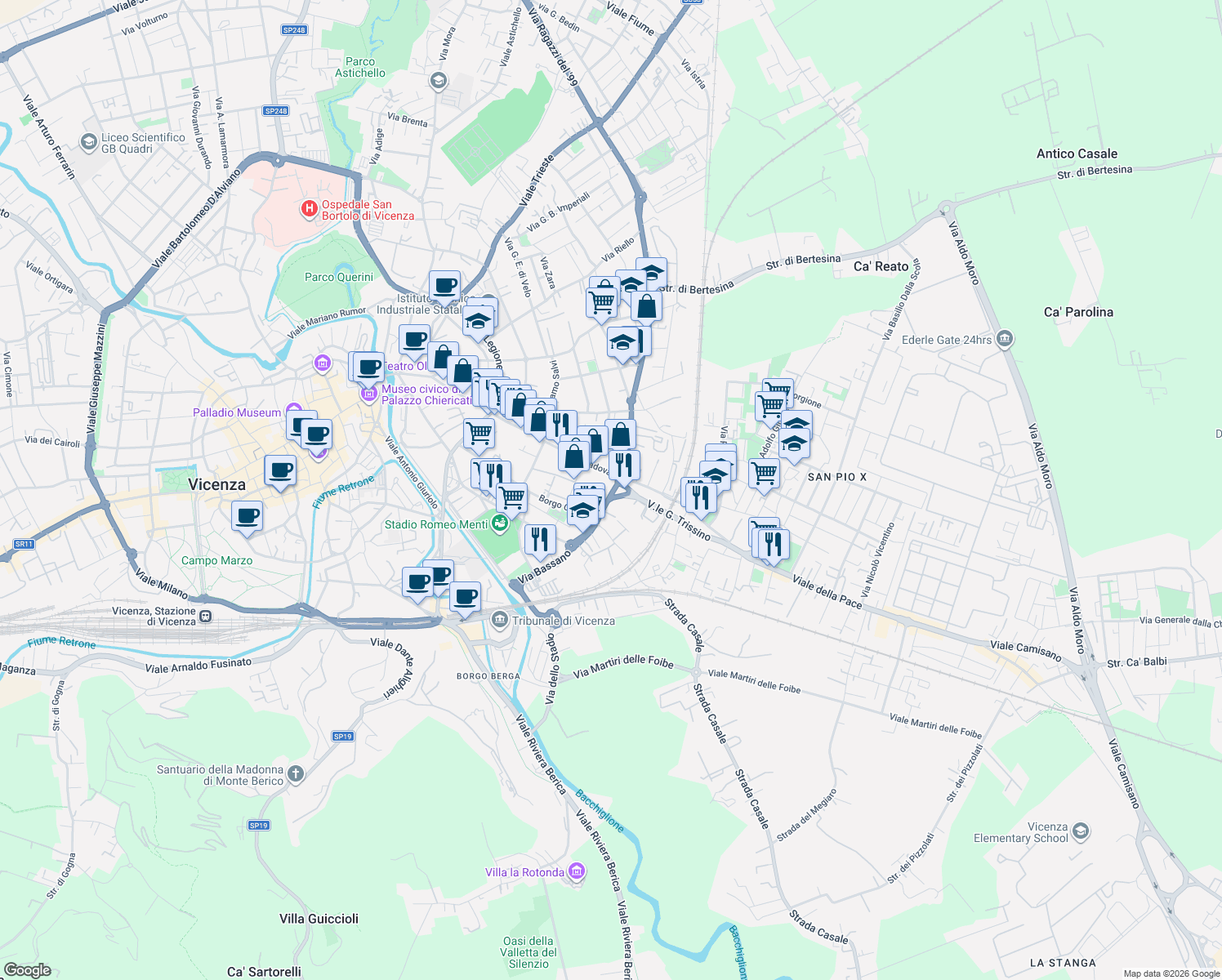 map of restaurants, bars, coffee shops, grocery stores, and more near 10 Via Spalato in Vicenza