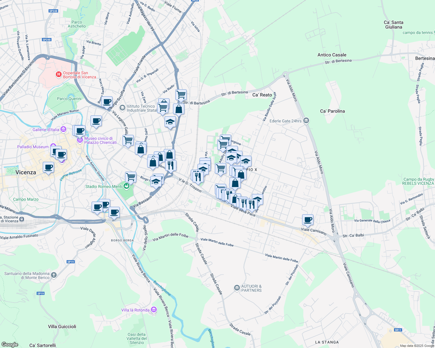 map of restaurants, bars, coffee shops, grocery stores, and more near 17 Via Bernardo Morsolin in Vicenza
