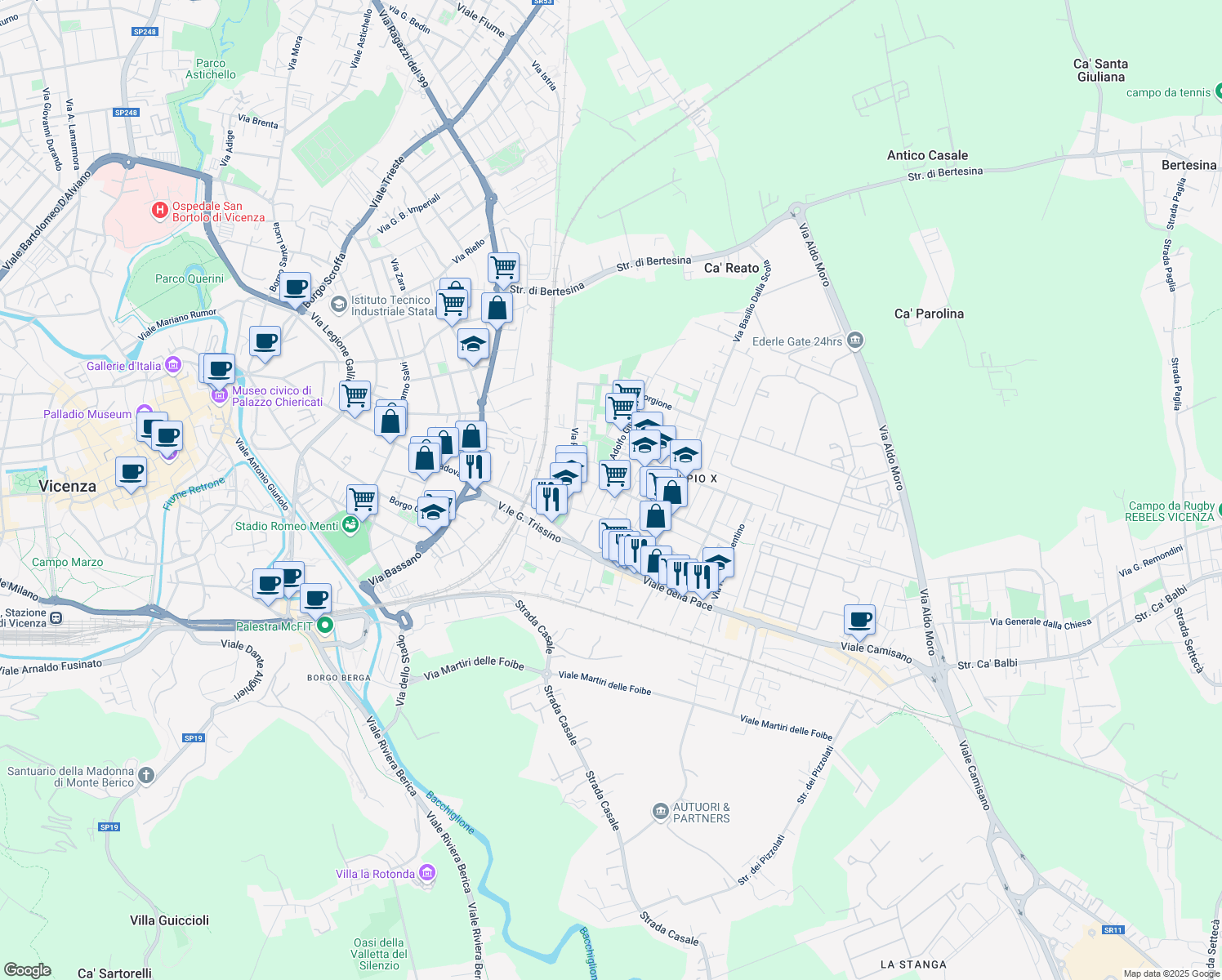 map of restaurants, bars, coffee shops, grocery stores, and more near 17 Via Bernardo Morsolin in Vicenza