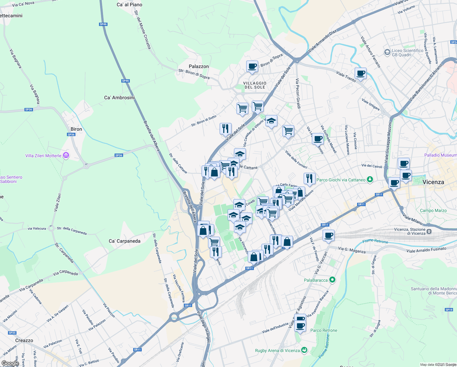map of restaurants, bars, coffee shops, grocery stores, and more near 92 Via Lanza in Vicenza
