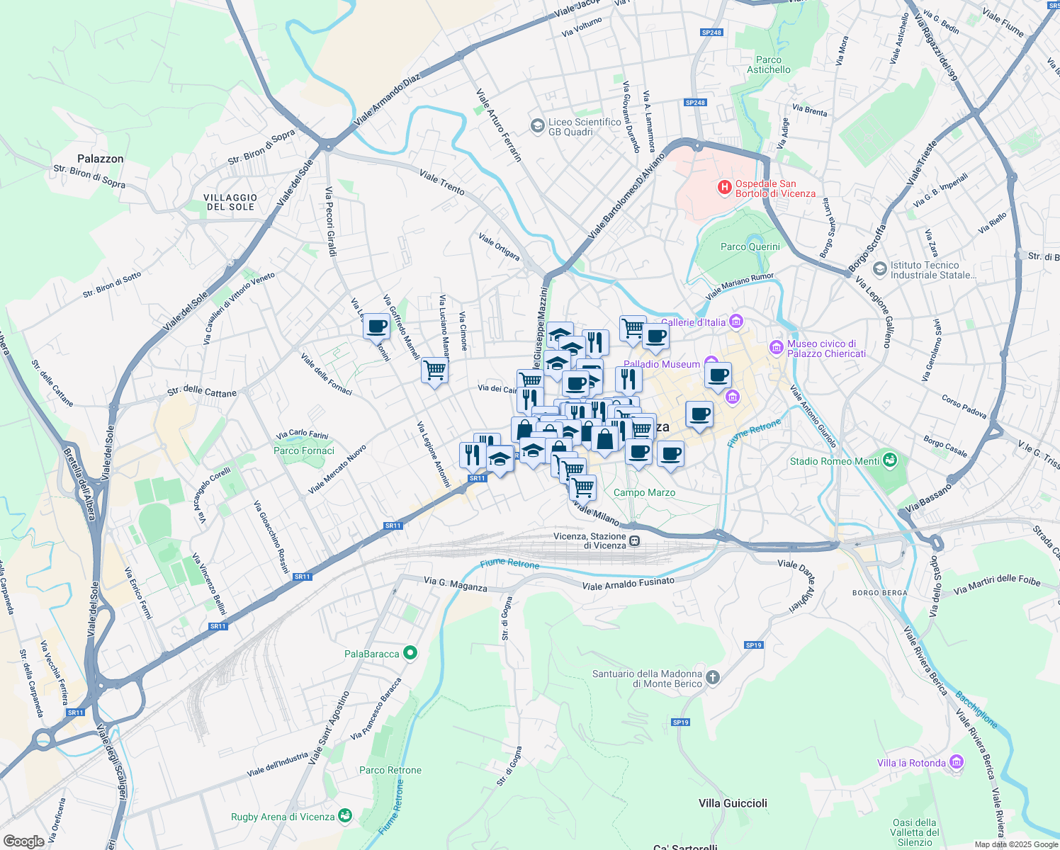 map of restaurants, bars, coffee shops, grocery stores, and more near in Vicenza