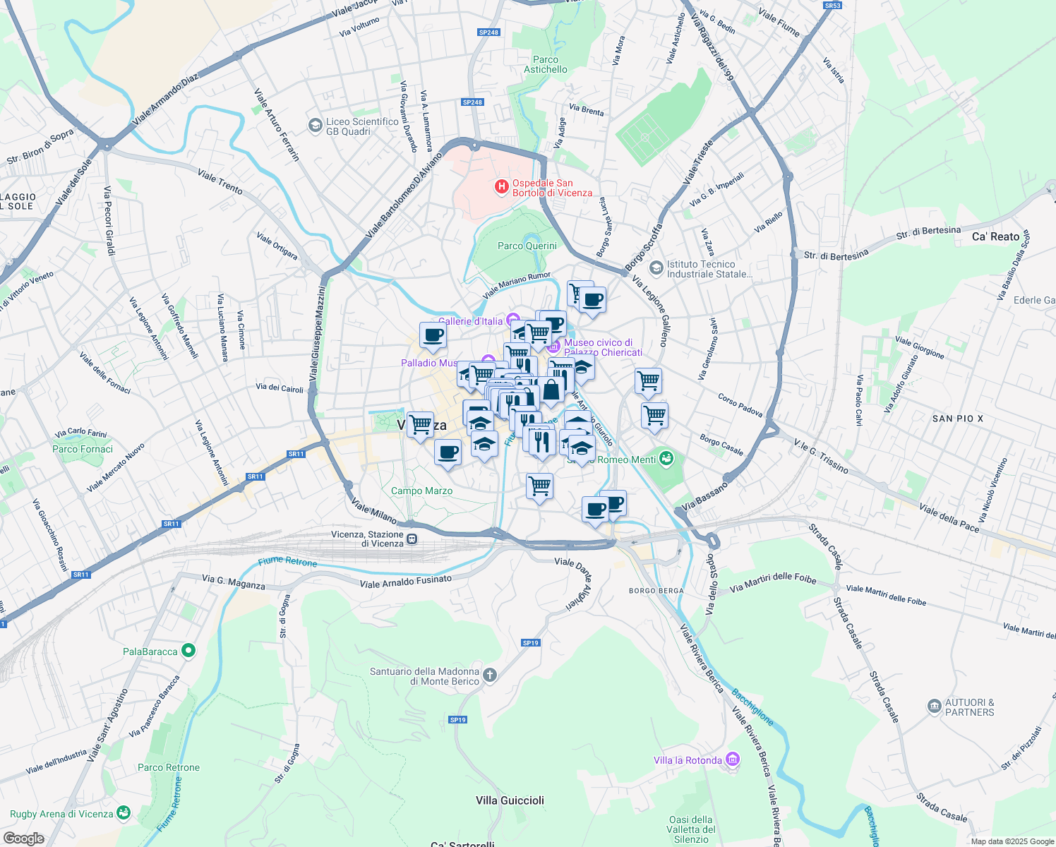 map of restaurants, bars, coffee shops, grocery stores, and more near 20 Contrà San Paolo in Vicenza
