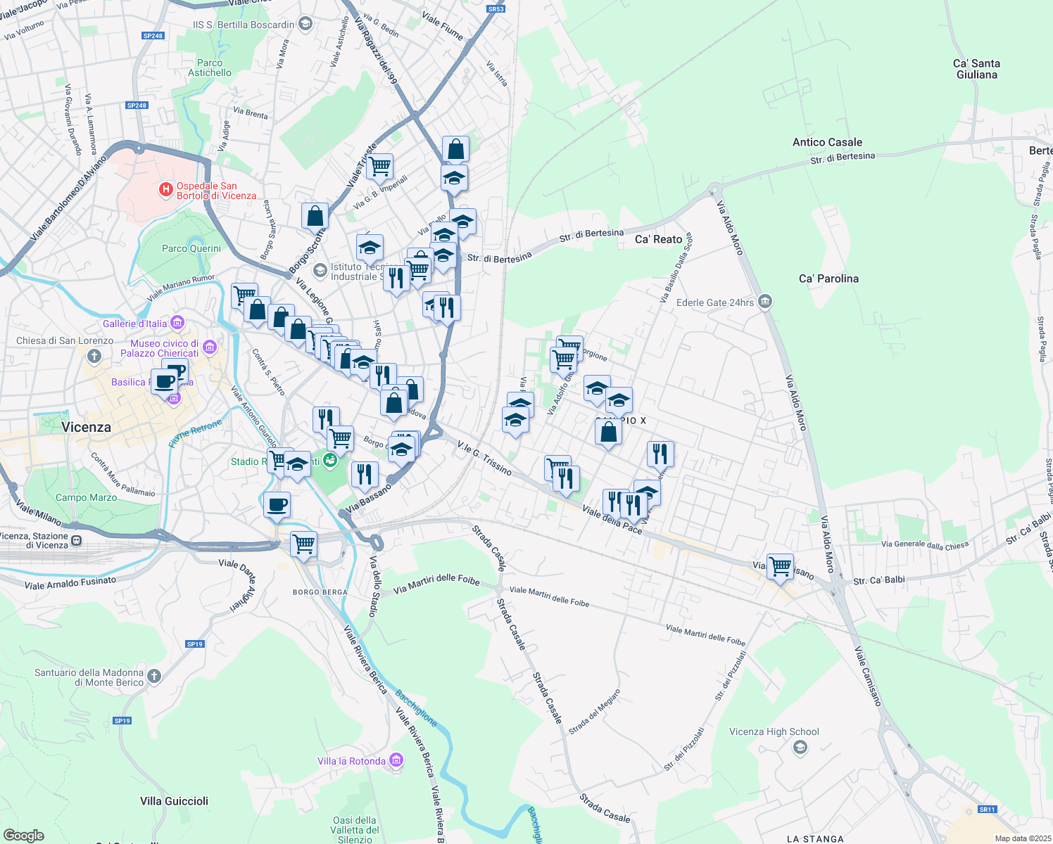 map of restaurants, bars, coffee shops, grocery stores, and more near 52 Via Paolo Calvi in Vicenza