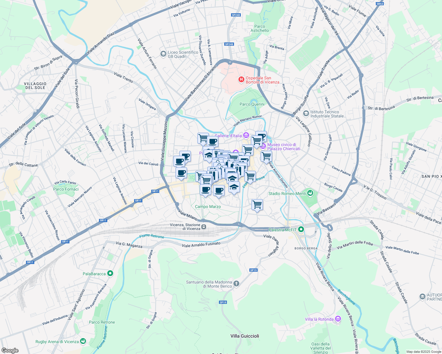 map of restaurants, bars, coffee shops, grocery stores, and more near Piazzetta Duomo in Vicenza