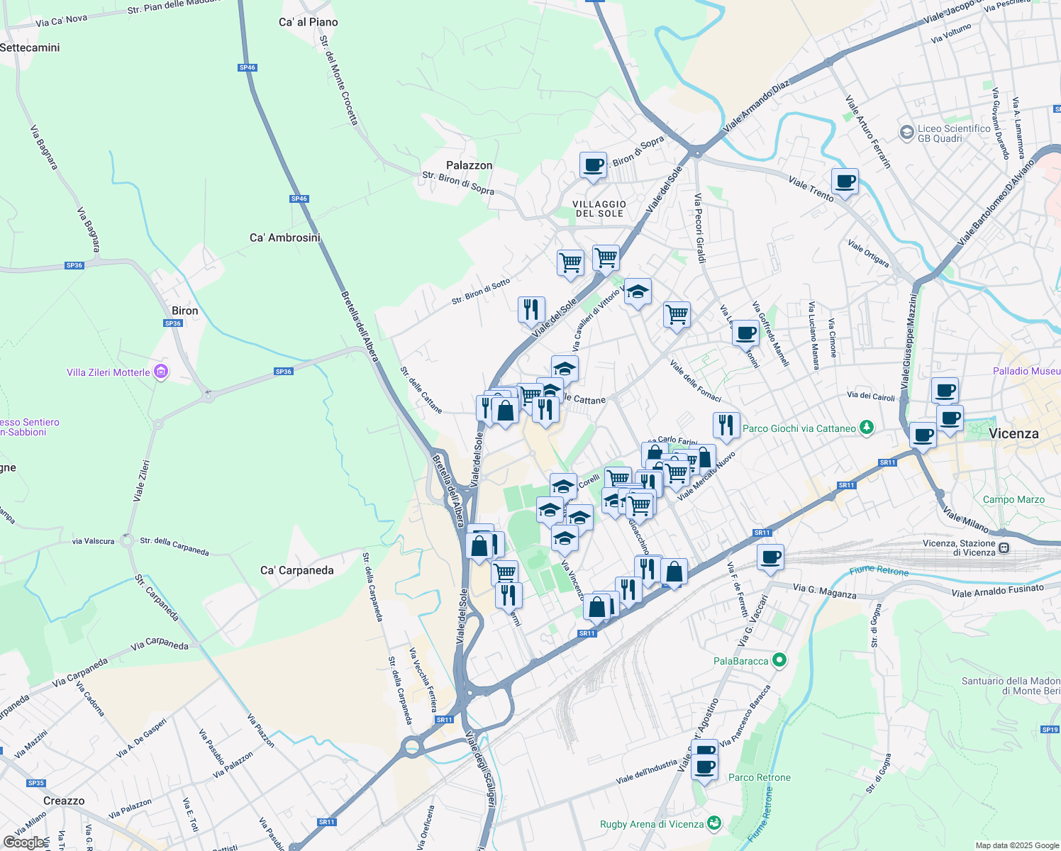 map of restaurants, bars, coffee shops, grocery stores, and more near 92 Via Lanza in Vicenza