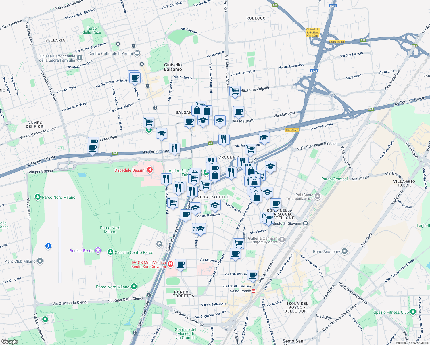 map of restaurants, bars, coffee shops, grocery stores, and more near 170-174 Viale Fulvio Testi in Cinisello Balsamo