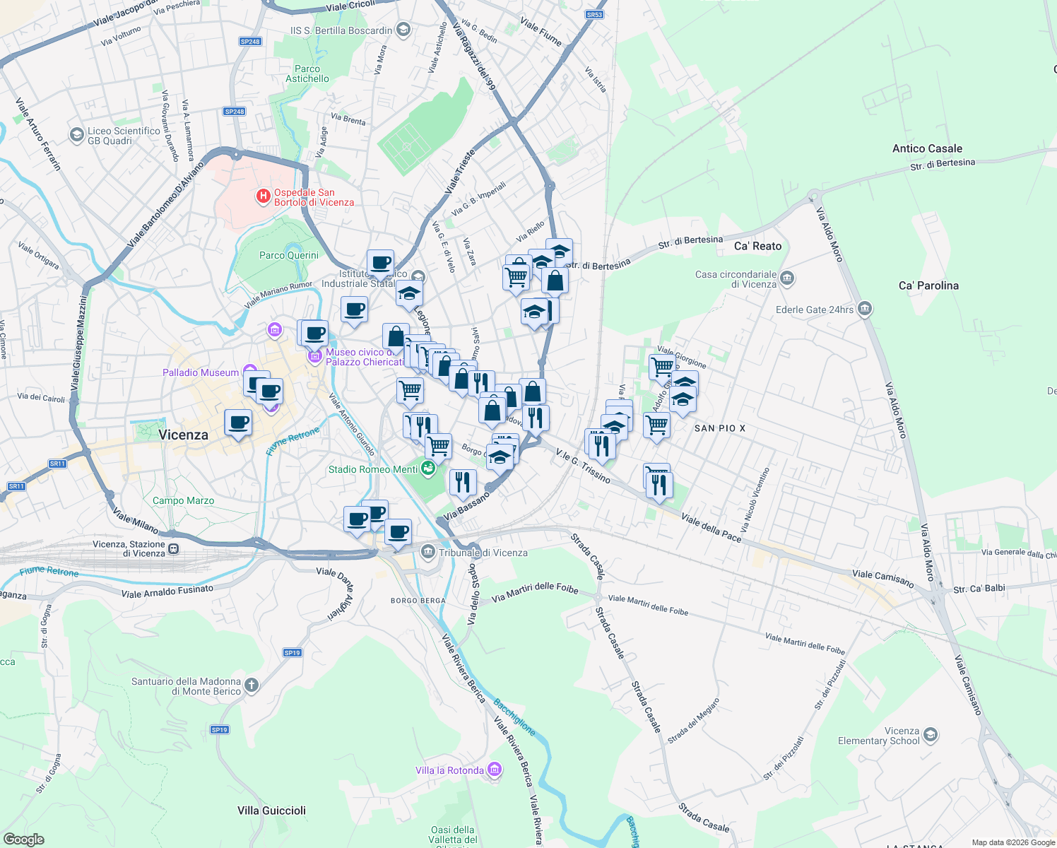 map of restaurants, bars, coffee shops, grocery stores, and more near 10 Via Spalato in Vicenza