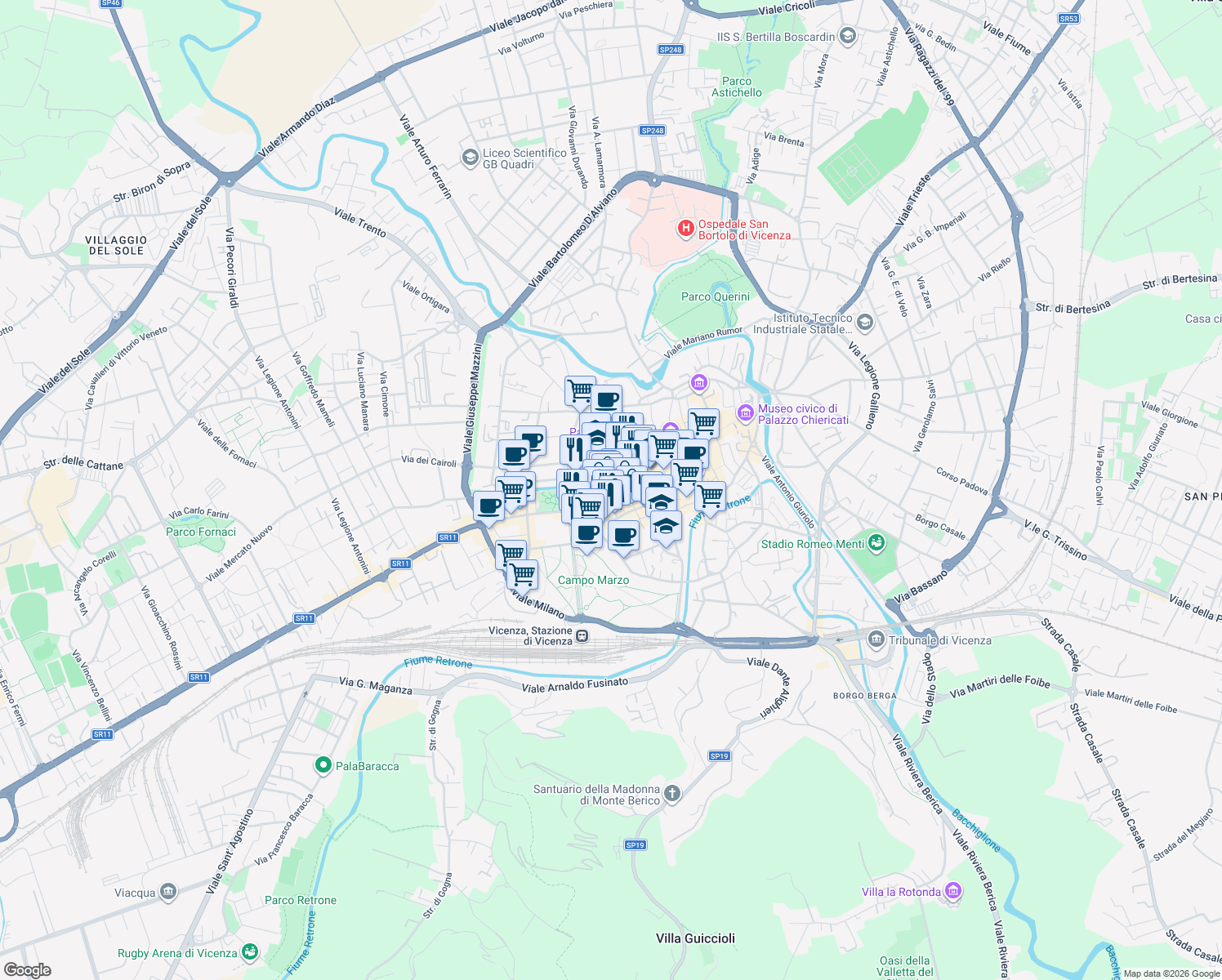 map of restaurants, bars, coffee shops, grocery stores, and more near 2 Stradella dei Filippini in Vicenza
