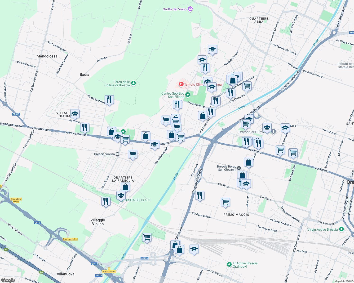 map of restaurants, bars, coffee shops, grocery stores, and more near 5 Via Valcamonica in Brescia