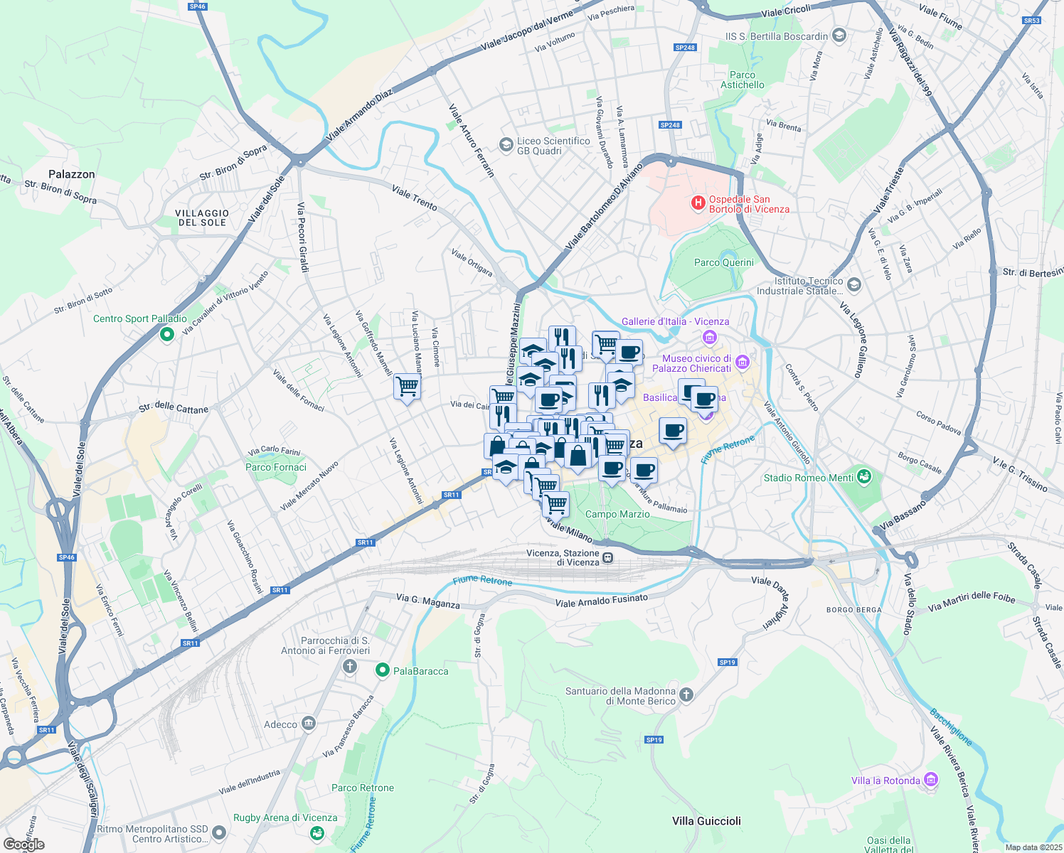 map of restaurants, bars, coffee shops, grocery stores, and more near 17 Via Giampaolo Bonollo in Vicenza