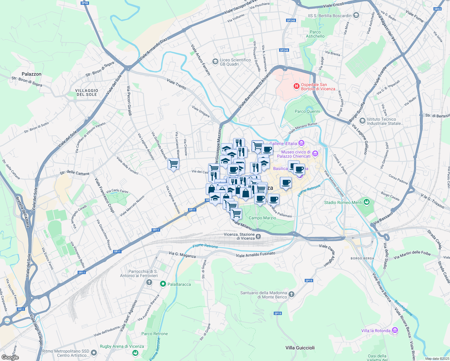map of restaurants, bars, coffee shops, grocery stores, and more near 17 Via Giampaolo Bonollo in Vicenza