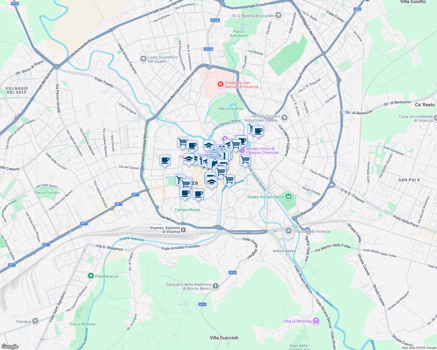 map of restaurants, bars, coffee shops, grocery stores, and more near 12 Contrà Camillo Benso Cavour in Vicenza