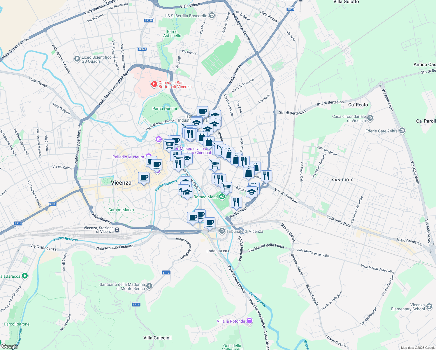 map of restaurants, bars, coffee shops, grocery stores, and more near 32 Via Fratelli Coronaro in Vicenza