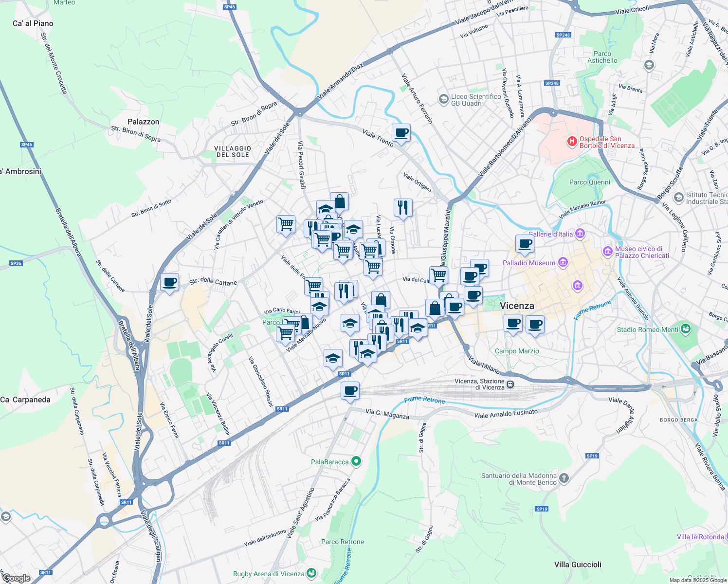 map of restaurants, bars, coffee shops, grocery stores, and more near 102 Via Legione Antonini in Vicenza